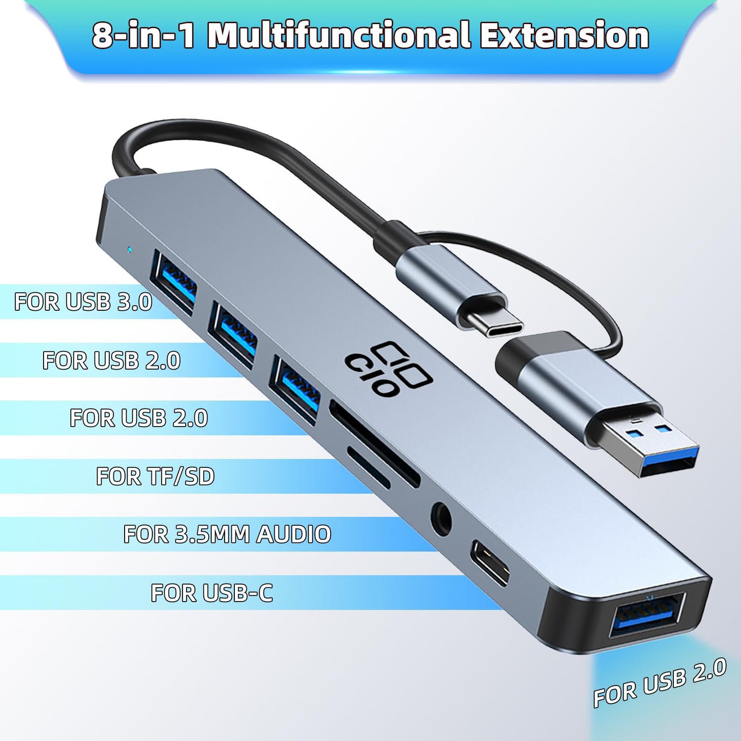 8 in 1 USB Hub USB C Docking Station TF SD Card USB 2.0 USB 3.0 3.5 Audio for MacBook Pro, XPS and More